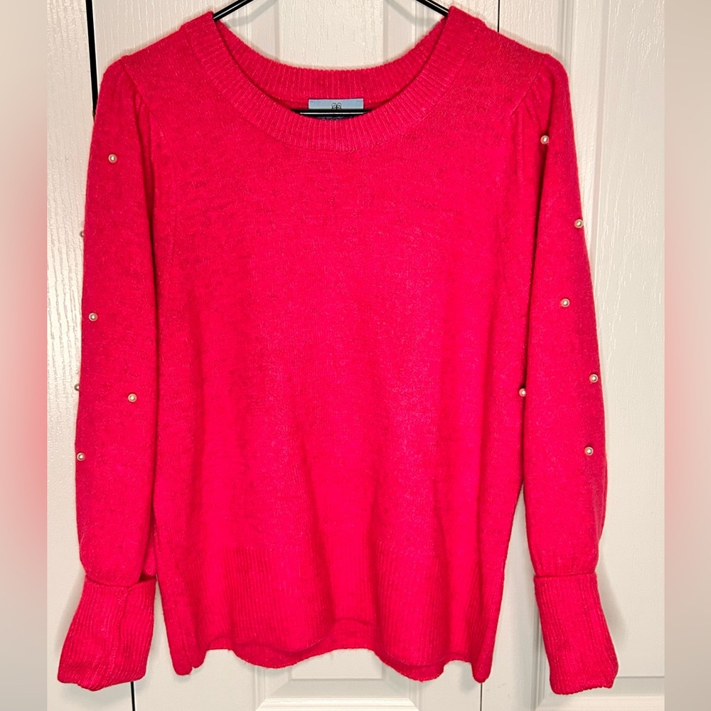 CeCe Long Sleeve Pink Balloon Sleeve Crew Neck Sweater Peals Size Medium Stretch